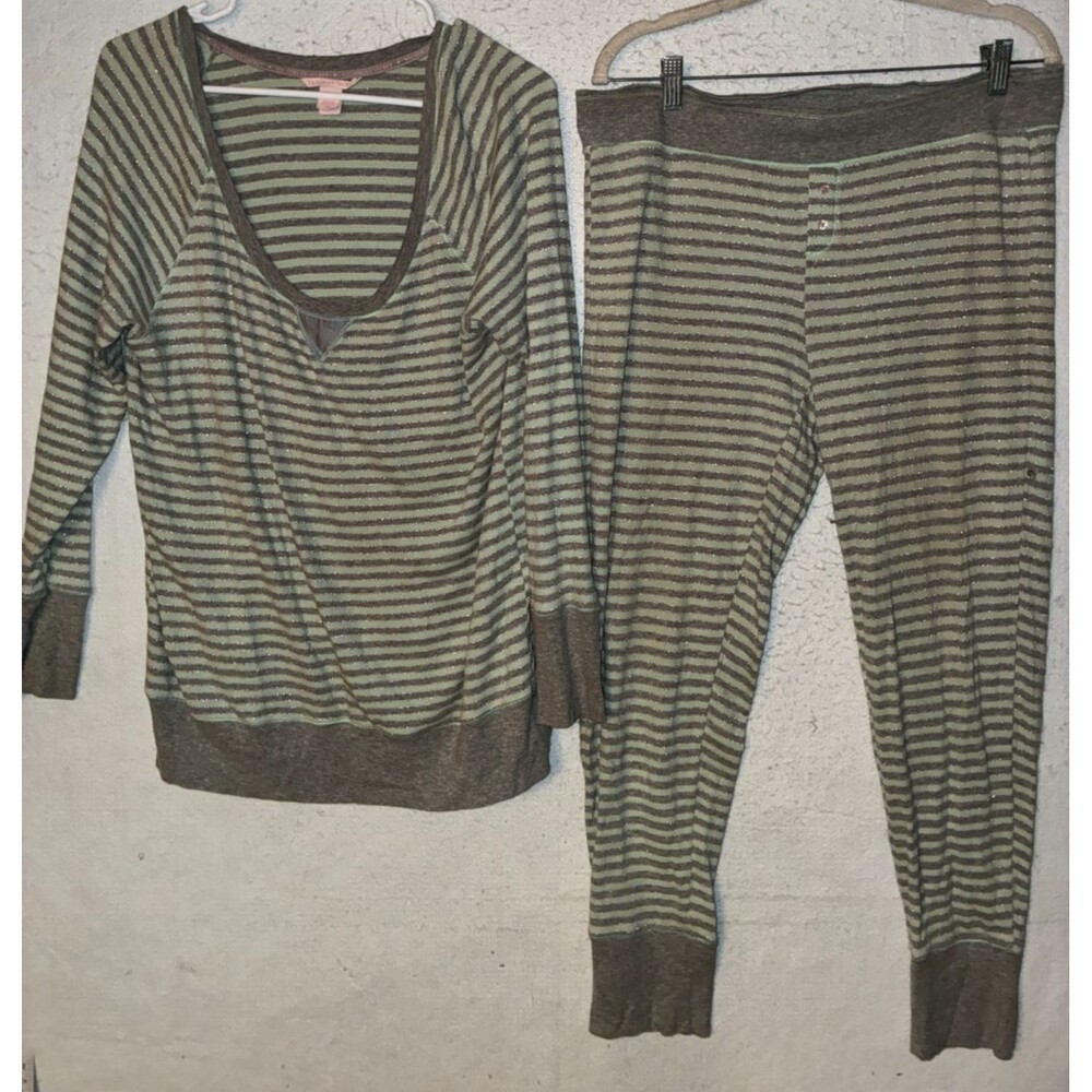 VICTORIA SECRET Fireside Gray Green Lurex Stripe Pajama set Thermal Womens Sz L